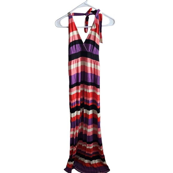 Felicity & Coco Womens Sz M Maxi Halter Dress Pink Purple Black Striped - Picture 1 of 3